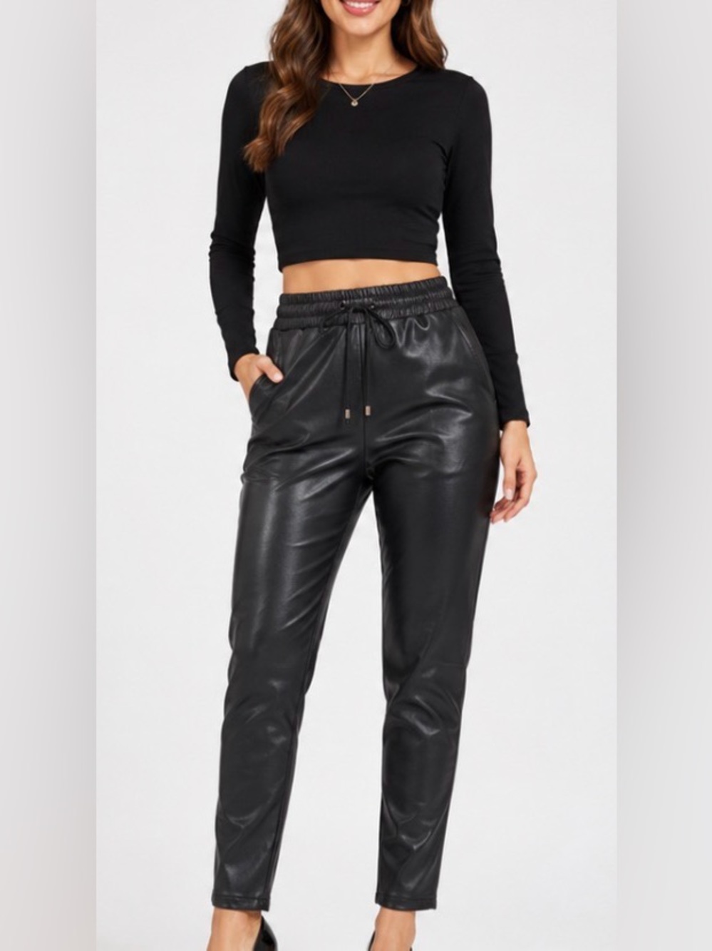 HALARA Black Faux Leather Jogger Pants L